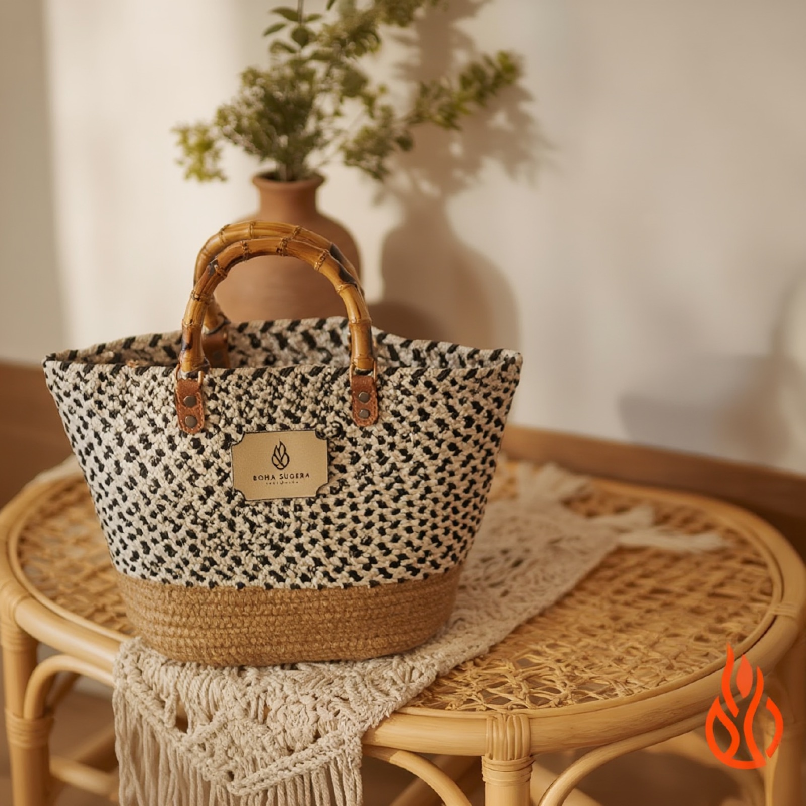 Bamboo handle straw tote